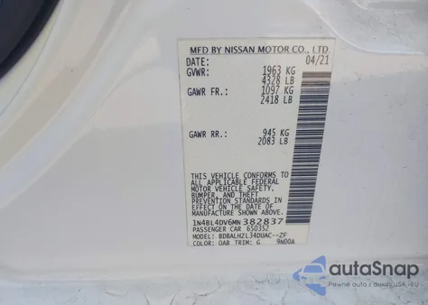 2021 Nissan Altima Sv Fwd from USA, damaged, VIN 1N4BL4DV6MN382837